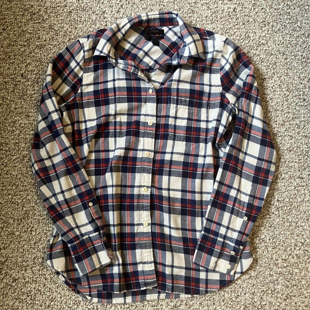 J Crew Women’s Boy Shirt Plaid Flannel Size 4 Navy Red White Pocket Granola USA